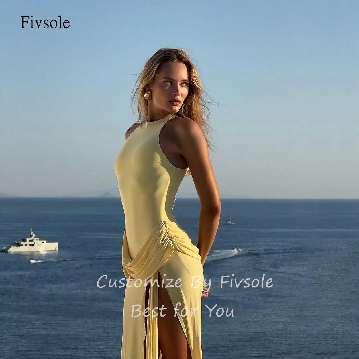Fivsole مثير الأصفر الرسن حورية البحر الحفلة الراقصة أكمام حزب ثوب الجانب الشق الطابق طول مساء اللباس مخصص #4