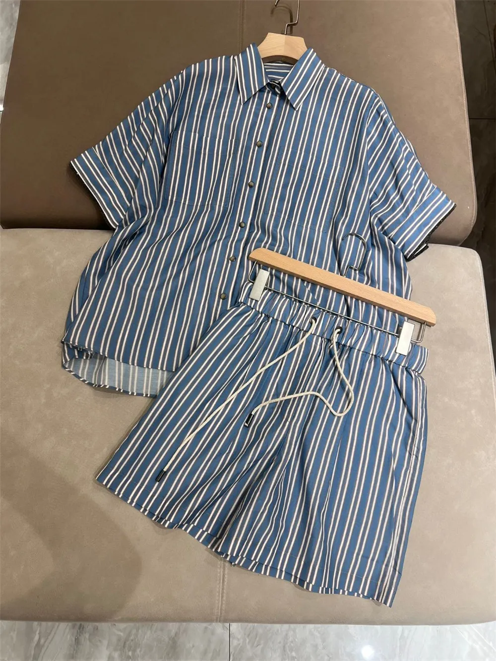 

Summer B*C Women's Shorts Suit Striped Shirt + Elastic Waist Shorts 2 Piece Set