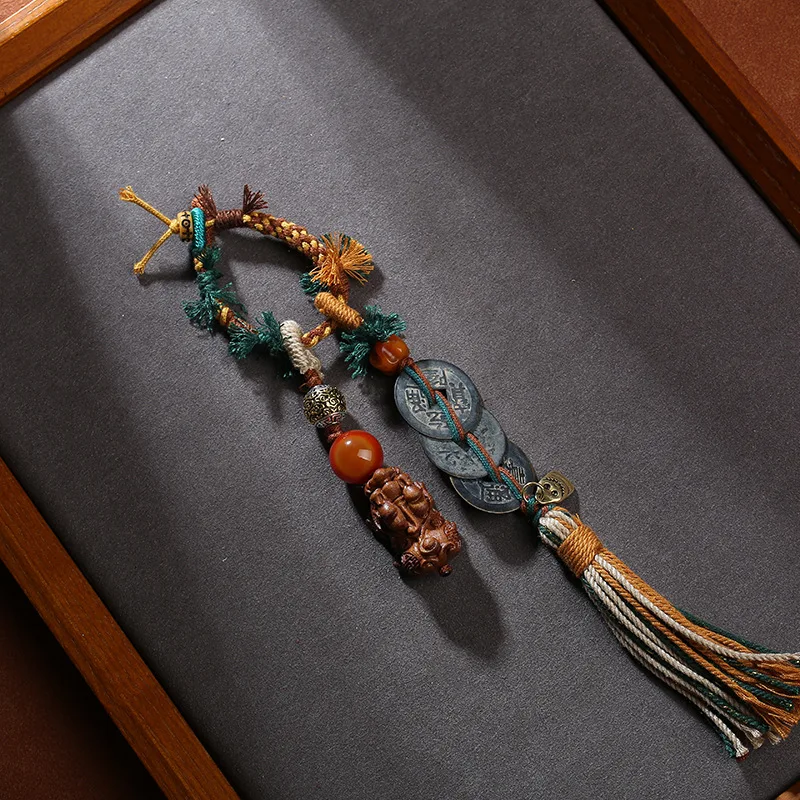 Taoist lightning strikes jujube wood, Pixiu, hanging three emperors' old coins, hand woven rope design to ward off evil spirits
