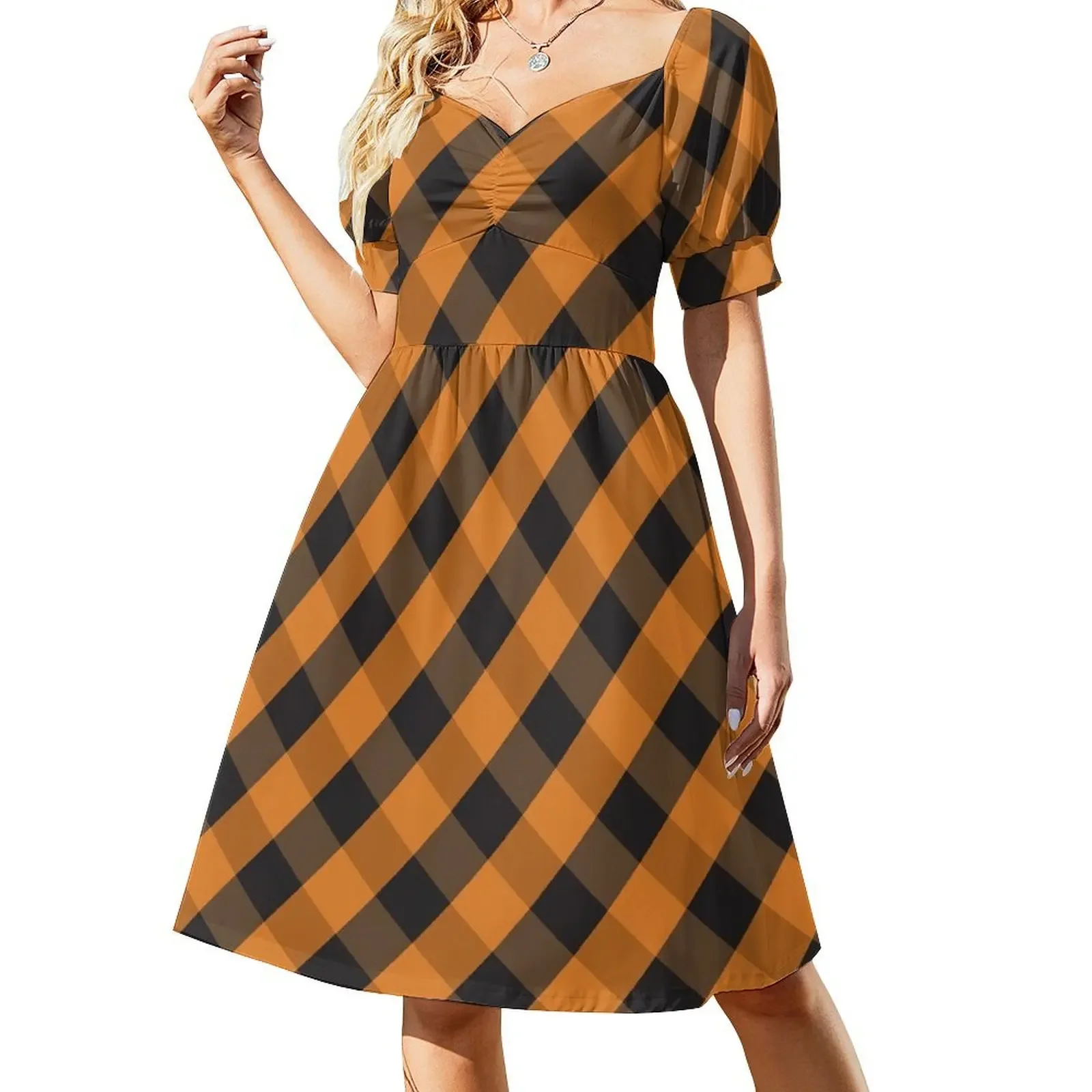 

Halloween Orange and Black Check Gingham Plaid Short-Sleeved Dress women clothing 2025 new arrivals Women's summer skirt