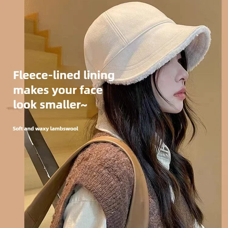 Fashion Women Winter Knitted Hat Outdoo Cycling Peaked Cap Fisherman Hat Head Circumference Adjustable Warm Thick Lamb Hair Cap