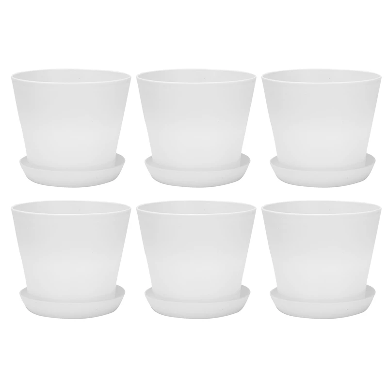 

AT35 6X Plastic Plant Flower Pot Planter With Saucer Tray Round Gloss Home Garden Decor, White Upper Caliber - 17Cm/6.69Inch