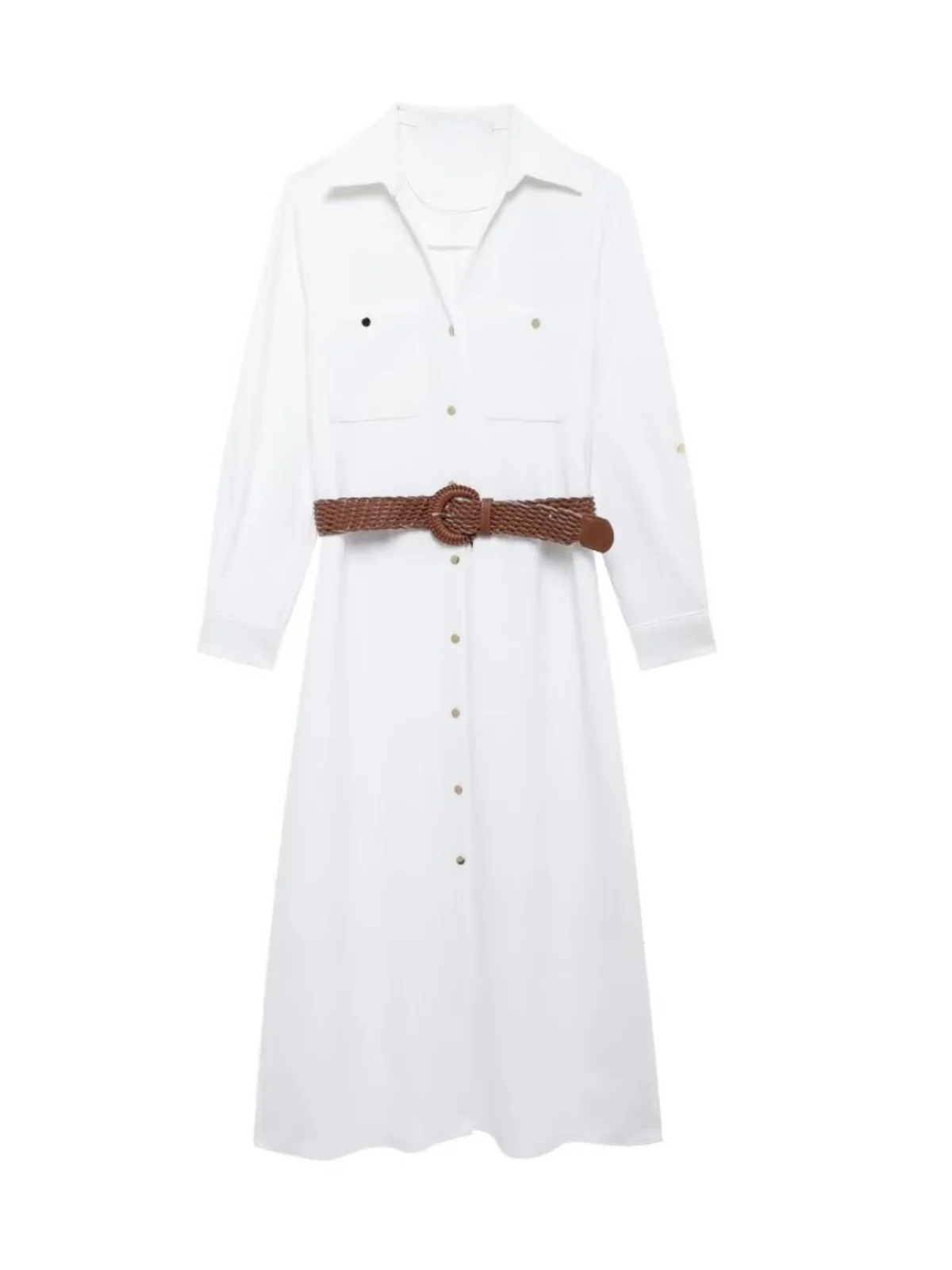 Vestido csa casual e com cinto outono nova chegada moda fena estilo de rua manga longa gola flip outro material