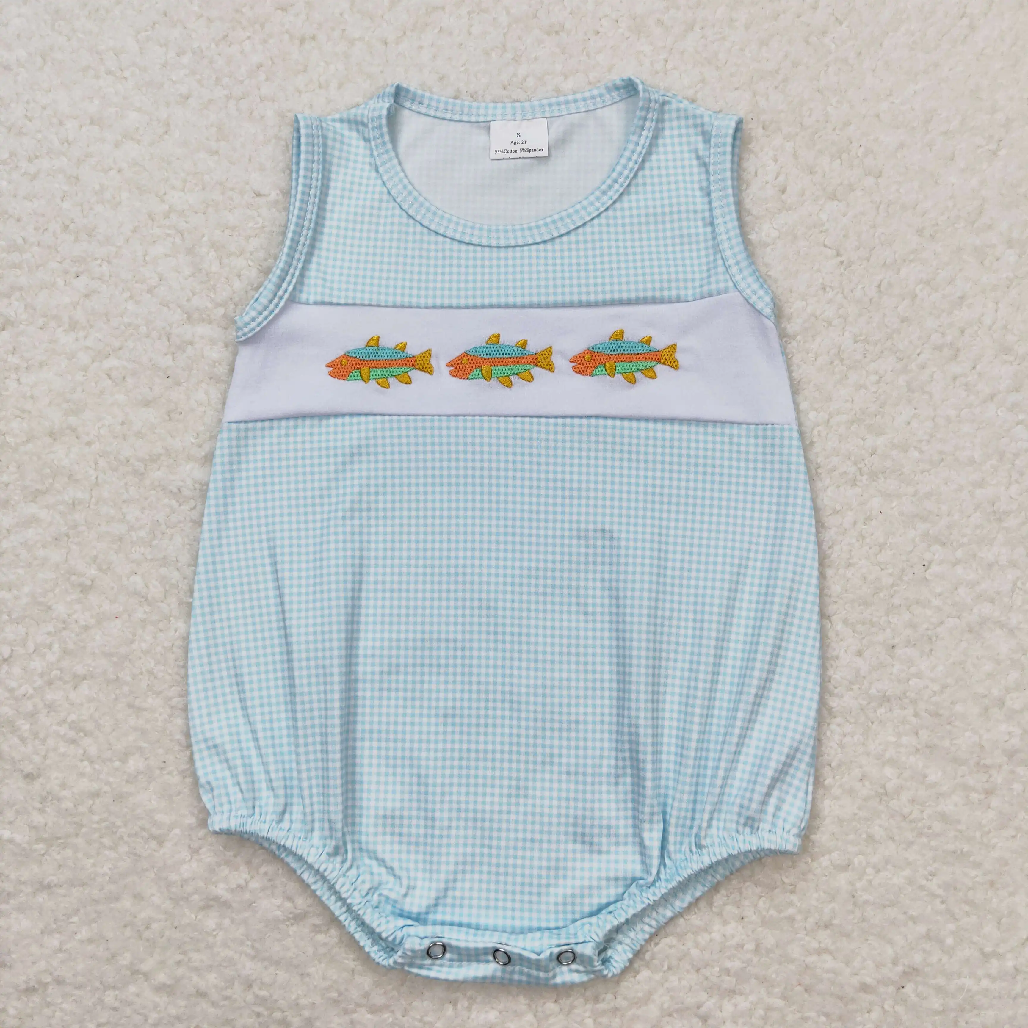SR1265 baby boy clothes new arrival baby rompers Embroidered fish plaid vest romper Wholesale Summer Boutique boys rompers