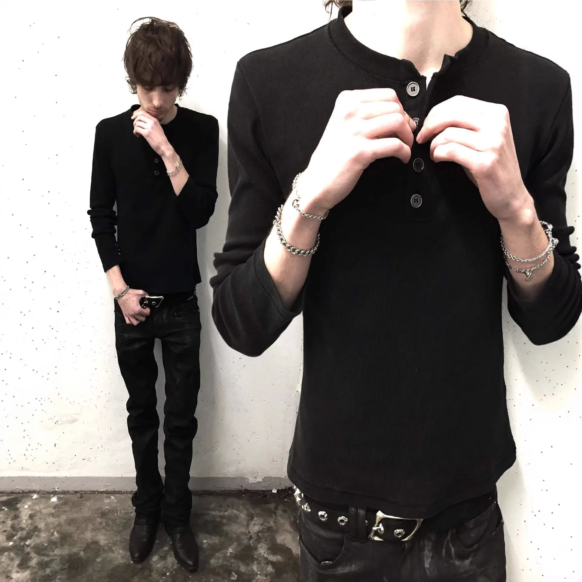 Japanisches Vintage Schwarz-Weiß Gestreiftes Henley Langarm-T-Shirt Unisex Gewaschenes Slim-Fit-Oberteil