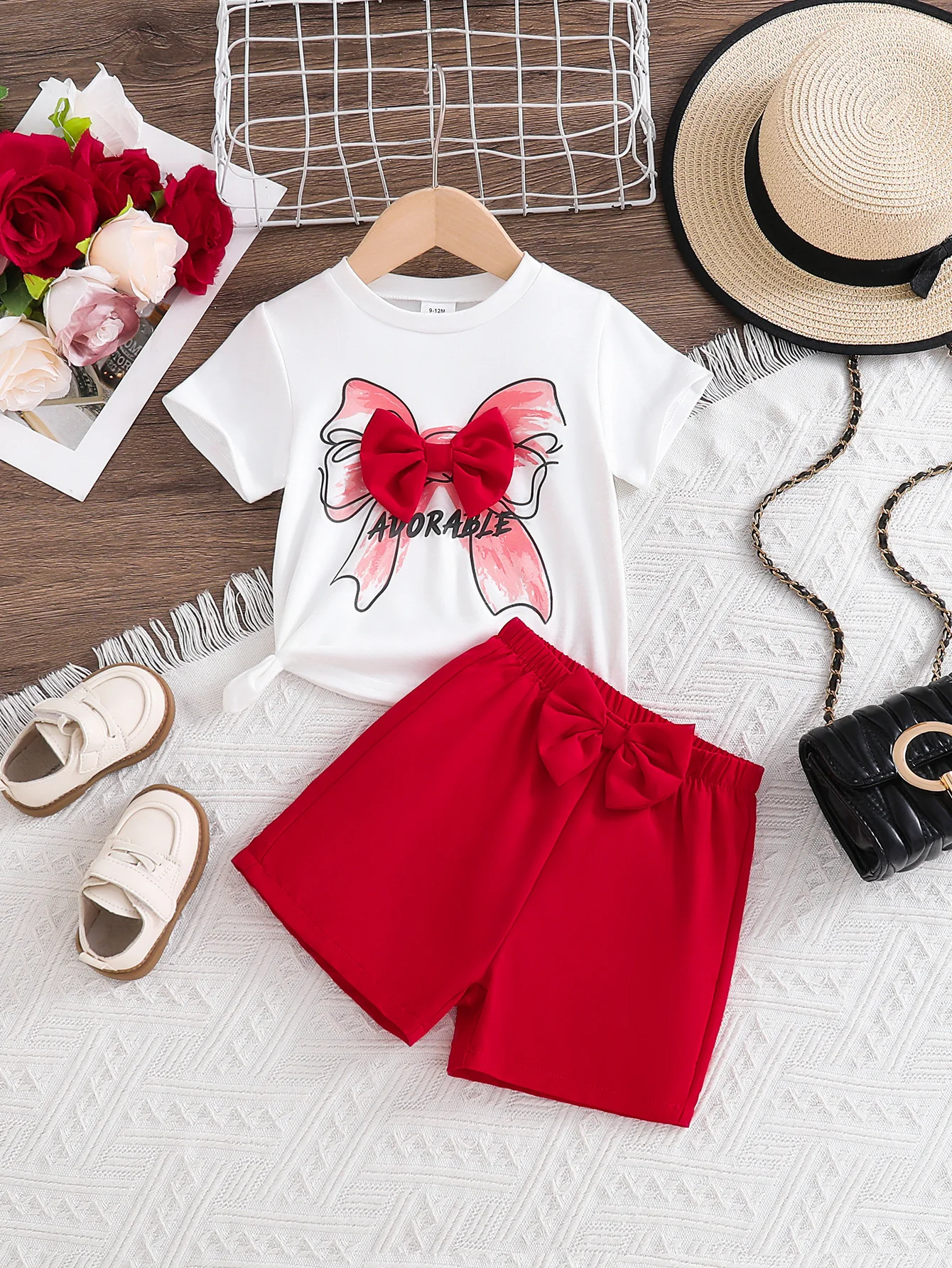 2-Piece Set for Baby Girls, Summer Thin Shorts Outfit, Baby Girl's 3D Bow Decoration, Bow Print Round Neck Short-Sleeve Pullover Top + Solid Color Elastic Waist Pants, Cute and Fashionable Sweet Versatile Two-Piece Set for Girls, Newborn Birthday Gift, Comfortable and Soft, Suitable for Ages 0-1-2-3, 6-9 Months, Suitable for Outdoor Activities, Casual Wear, Parties, Holidays, Eid, Easter, and More