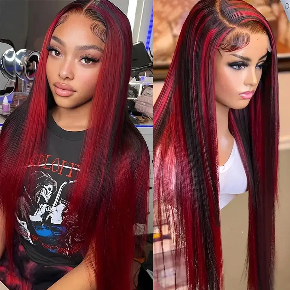 Ombre Highlight Burgundy Wig Human Hair 13x4 Straight Lace Front Wig 13x6 Hd Lace Frontal Wigs 99J Bone Straight Human Hair Wigs