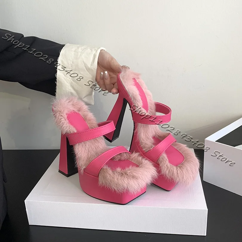 

Pink Fur Decor Platform Slippers Chunky High Heels Casual Slip on Women Sandals Square Toe Sweet Women Shoes Zapatos Para Mujere