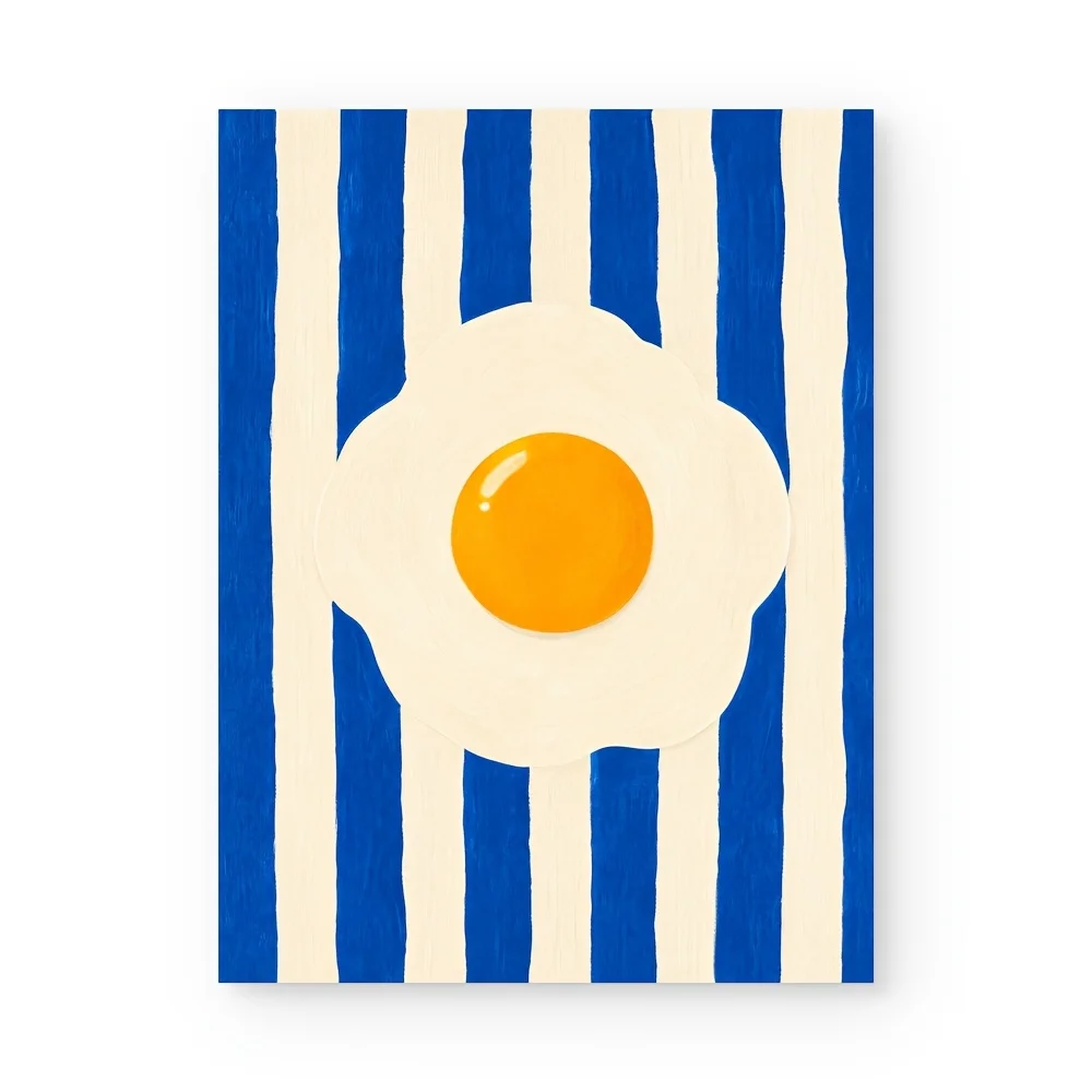 2D Flat, Modern Minimalist Fried Egg & Blue Stripes Canvas - Vertical Suitable for Kitchen, Dorm, Dining Room Wall Decor - HD