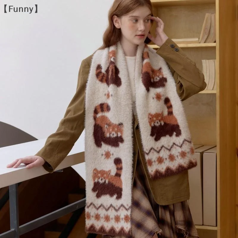 [مضحك] وشاح منقوش على شكل راكون بني كرتوني محبوك من فرو المنك الصناعي ناعم ومريح للنساء أوشحة شتوية دافئة