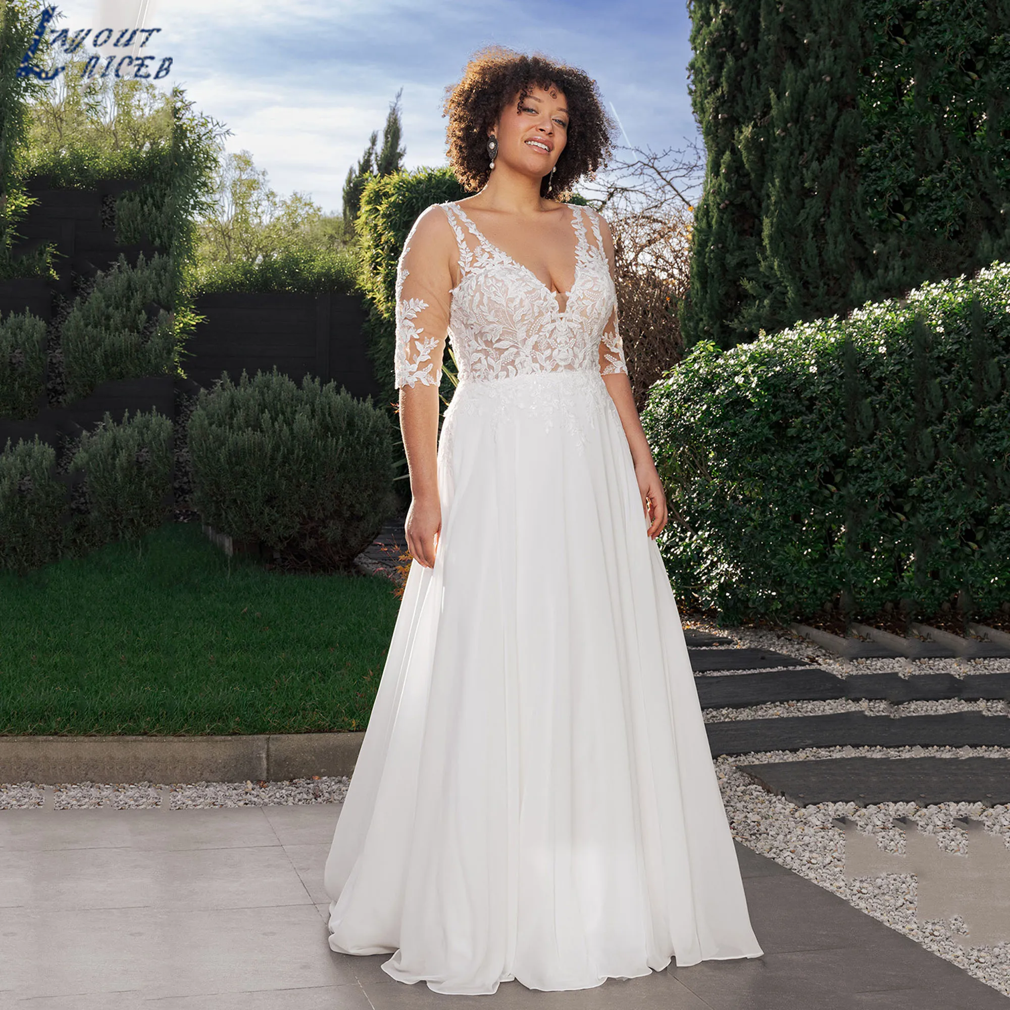 Plus Size Wedding Dress With Removable Half Sleeve A-Line Romante Chiffon vestido de novia V-Neck Backless Bride Gown Customized
