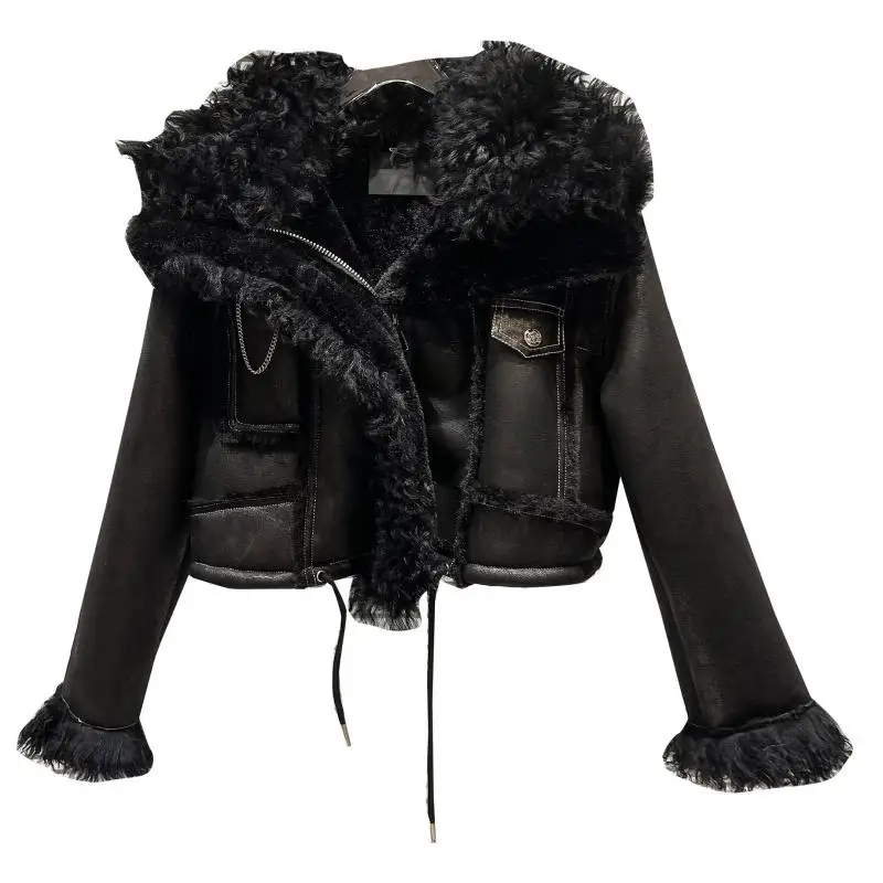 Ciepły płaszcz damski ze sztucznego futra z wełnianym kołnierzem, wykończony, zimowy, nowy, modny, streetwearowy, zapinany na zamek, długi, prosty krój.