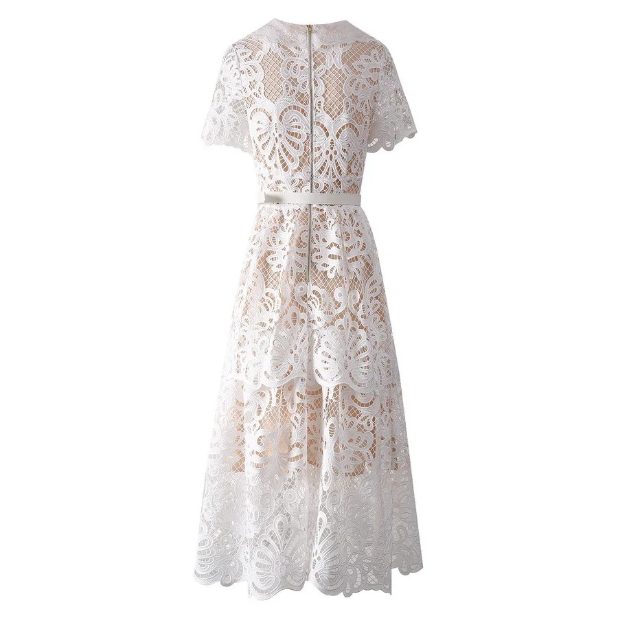 Designer Autumn Lace Embroidery White Cake Dresses Women Long Sleeve Crochet Hollow Out Party Prom Evening Wedding Dresses