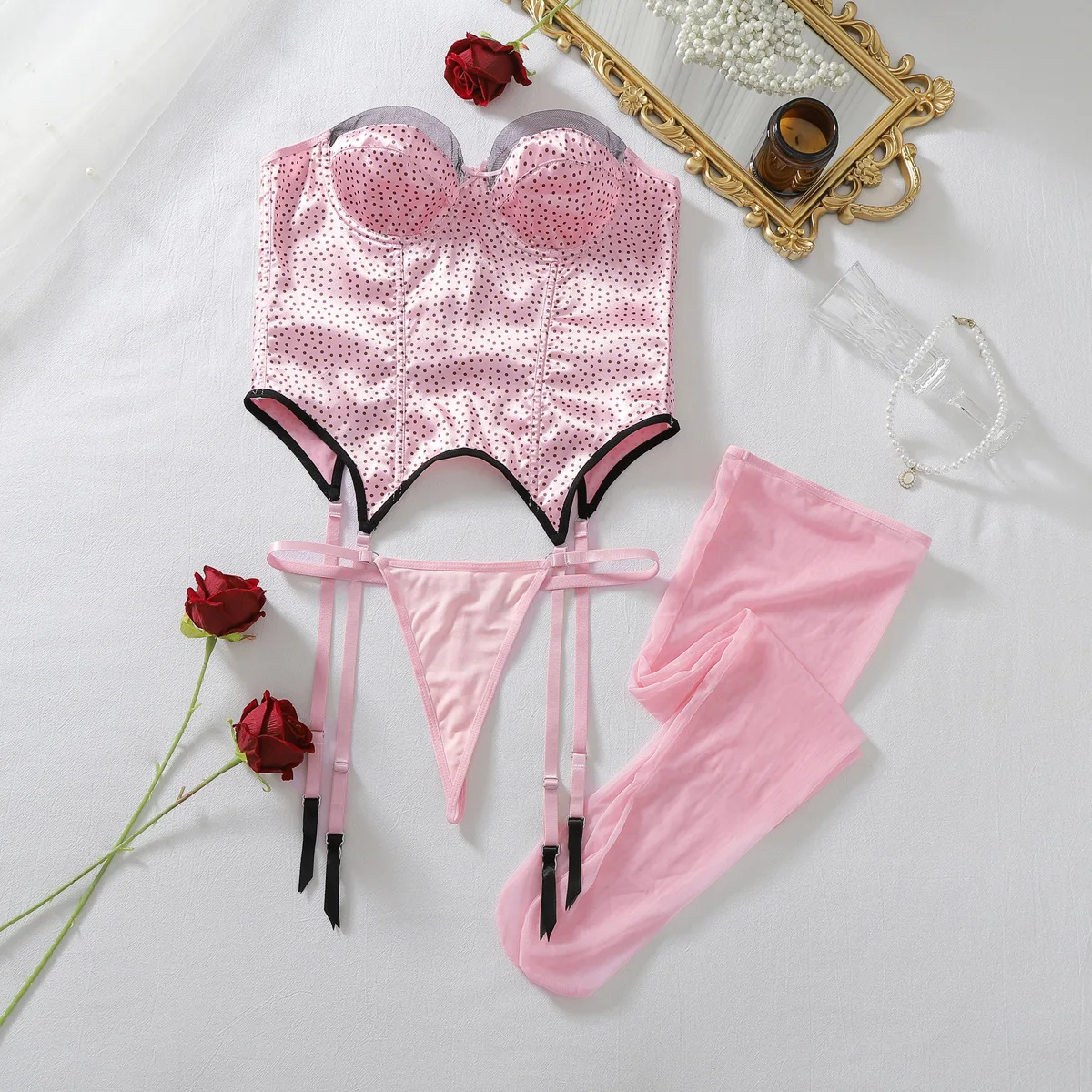 Pink Polka Dot Satin Lingerie Set Women's Strapless Corset Bodysuit Garter Thong Stockings Sexy Intimate Underwear Lingerie Set - view 3