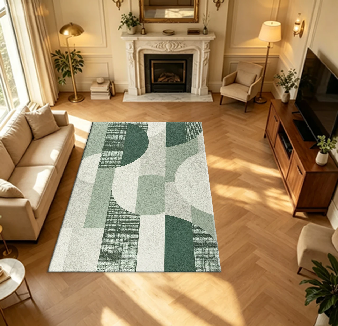Sage Green Mid Century Geometric Carpet Flooring Retro Semicircle Block Large Area Rug for Living Room Home Decor