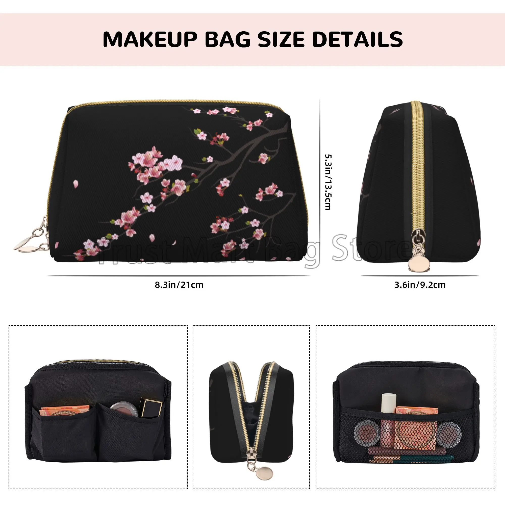 Japanese Sakura Cherry Blossoms Toiletry Bag Travel Cosmetic Bags Women Leather Makeup Storage Pouch Waterproof with Zipper Gift