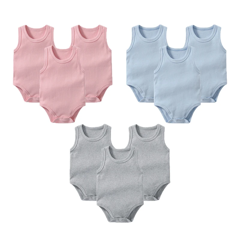 Summer 0-24 Months Infant Newborn Baby Boys Clothing 100%Cotton Onesie Crewneck Sleeveless Vest Baby Girls Bodysuit 3Piece Set