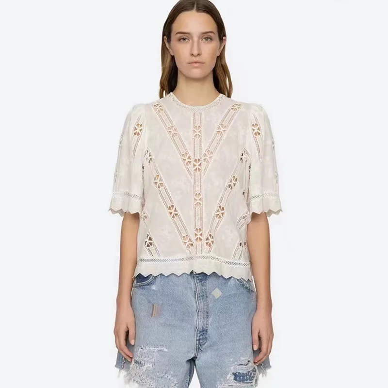 

Летний и раннеосенний американский свитер из хлопка с кружевной вышивкой, ажурной вязкой и круглым вырезом, без рукавов, с эффектом пузырьков