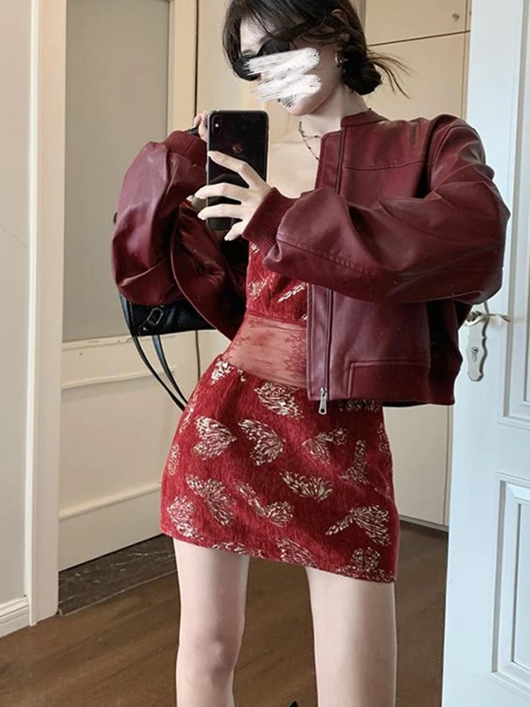 Jaqueta Feminina de Couro PU Vermelha Estilo Motociclista Acolchoada para Trabalho, Moda Primavera Outono, Casaco Elegante Feminino