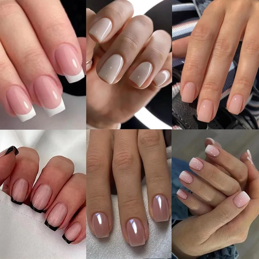 

6 Packs 144 Pcs French Tip Press On Nails Milky White Short Square Press On Nails with Nude Glazed Gradient Design for Daily We