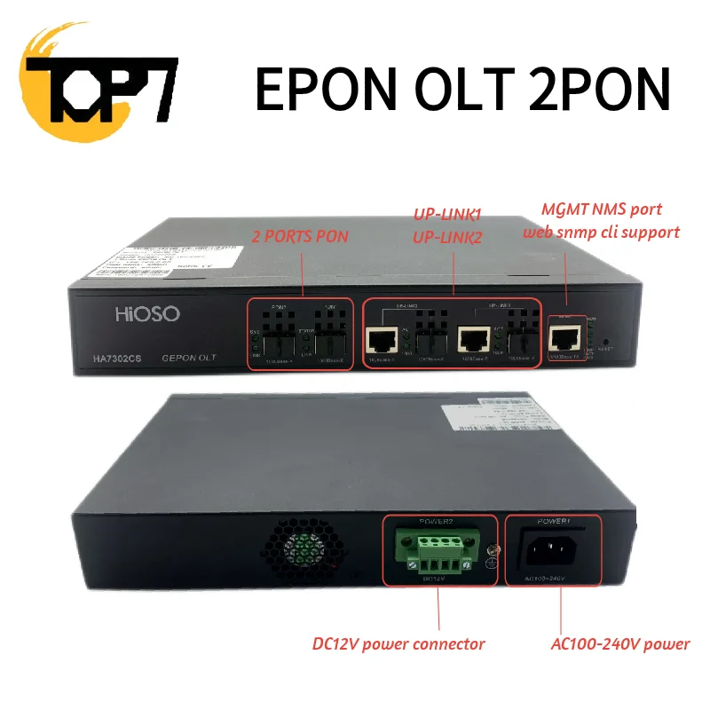 

HIOSO 2PORT EPON OLT 2PON with DC 12V AV 240V com 9db SFP WEB SNMP CLI Compatível HUAWEI ZTE FIBRA HOME EPON XPON ONUs