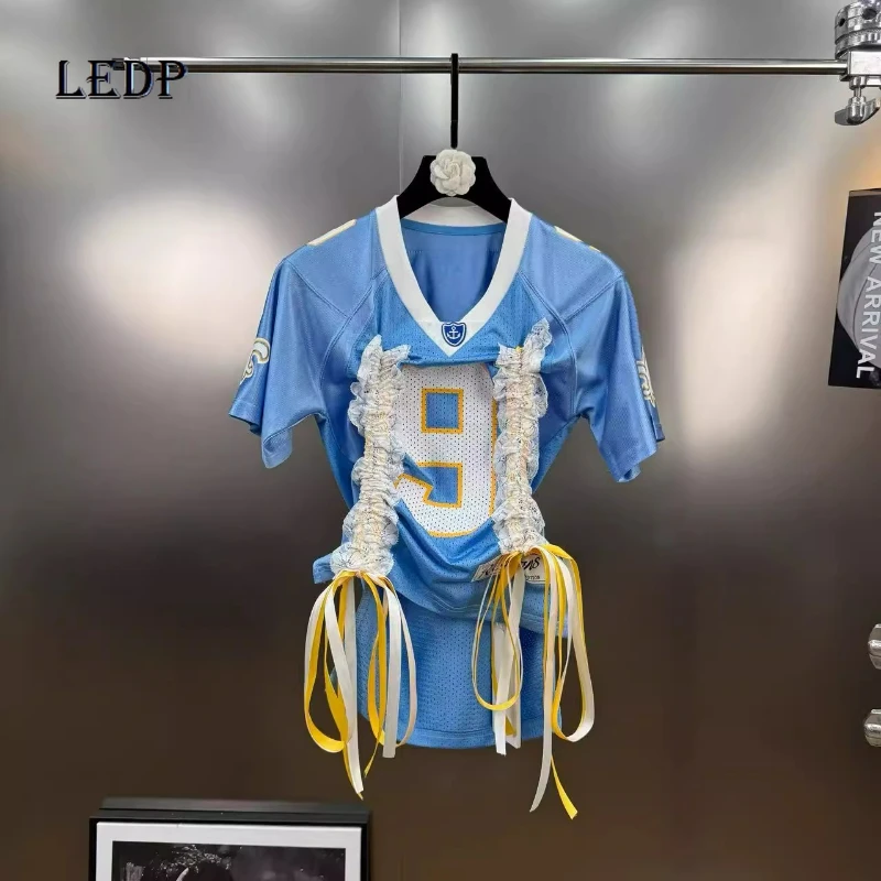 

Summer New Fashion Splicing V-neck Blue Ladies's Tees Original Design Lace-up Black Age-reducing Short-sleeved T-shirt Women