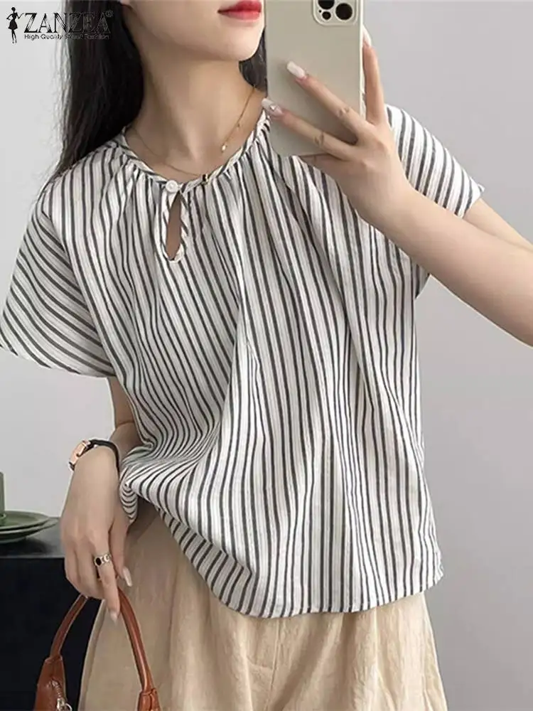 ZANZEA Korean Designer Women Blouse 2024 Summer Stripe Hollow Out Tops Casual Loose Short Sleeve Blusas Fashion Round Neck Tunic