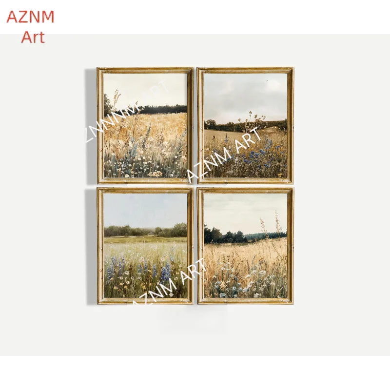 1/4Pcs Wildflower Field Prints Set: Vintage Farmhouse Landscape
