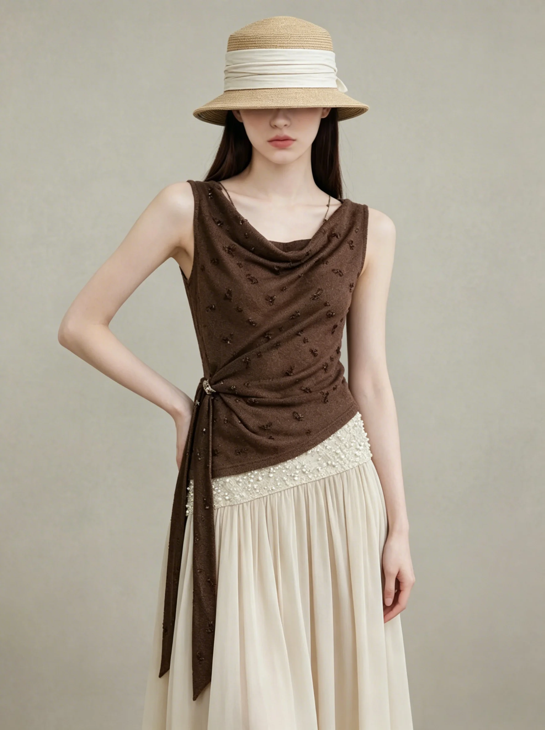 

Cafe Brown Heavy Embroidery Waist Cinched Draped Skirt Set Casual Loose Fit Spring Fashion Women's Ensemble High Waist