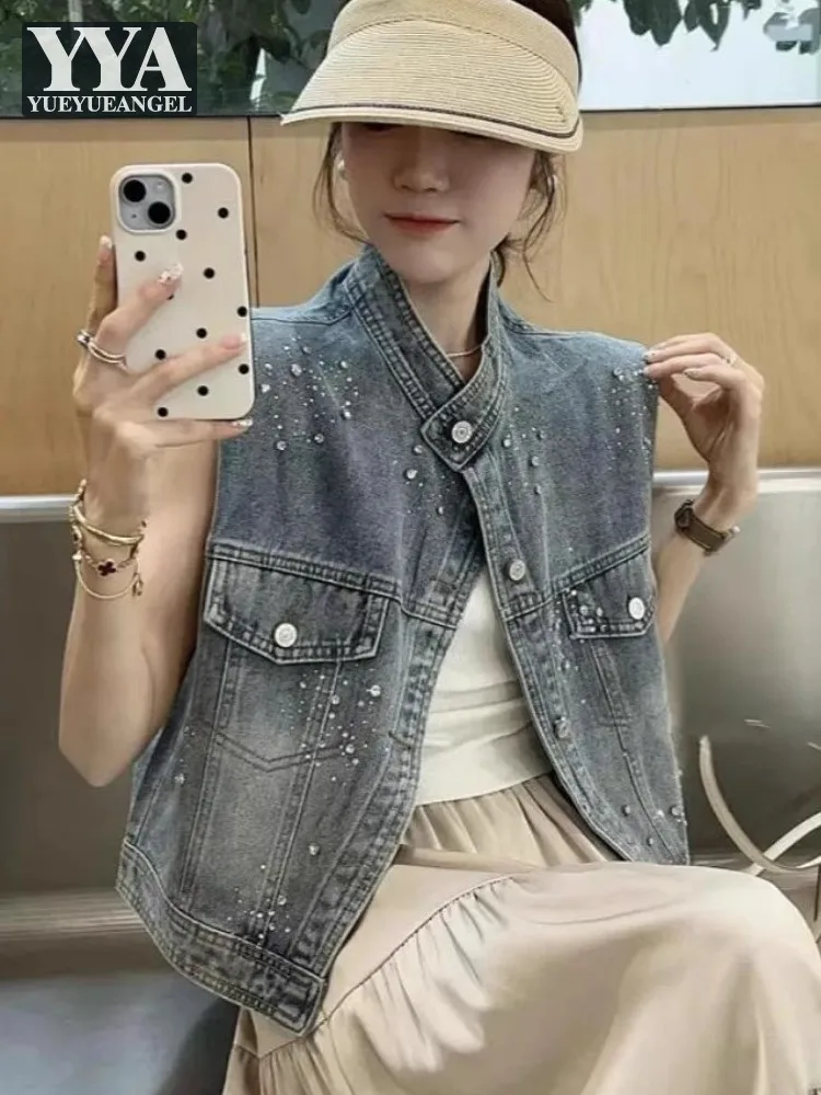 

Streetwear Women Beading Sleeveless Denim Jacket Single Breasted Casual Vest Top Shoulder Pad Spring Summer Diamonds Waistcoat