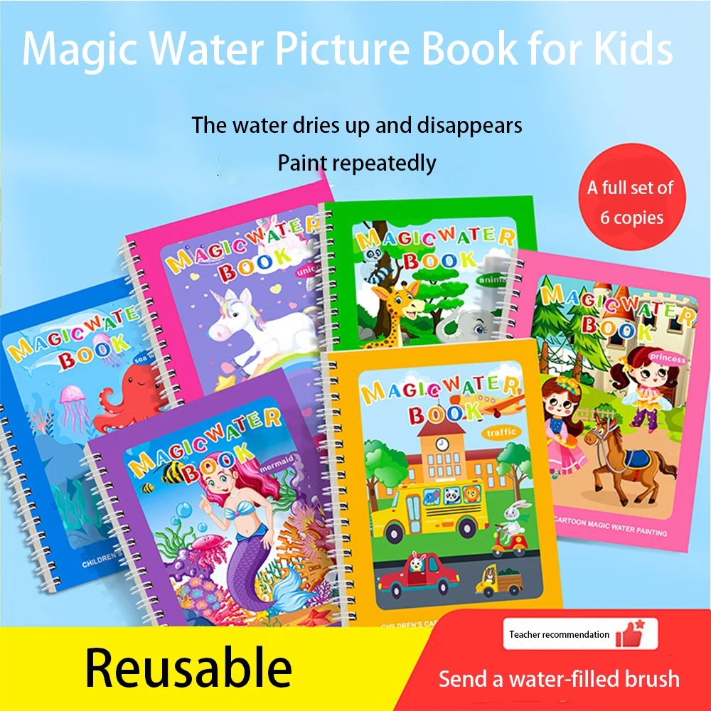 

6 Themed Kids Magic Self Erasing Water Painting Book Set with Water Brush