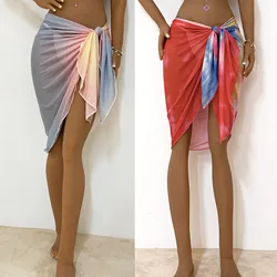 Sarong spódnica sukienka na plażę lato koronkowe Bikini Cover-up Gradient siateczkowy do owinięcia spódnice krawat DIY kostiumy kąpielowe pływanie Coverups biały