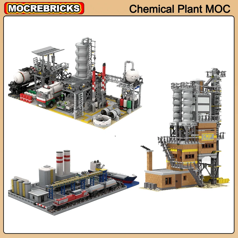 Widok ulicy miasta Roślina chemiczna MOC Architektura modułowa Fabryka Klocki Montaż Kolekcja Wyświetlacz Model Dziecięca zabawka z klocków