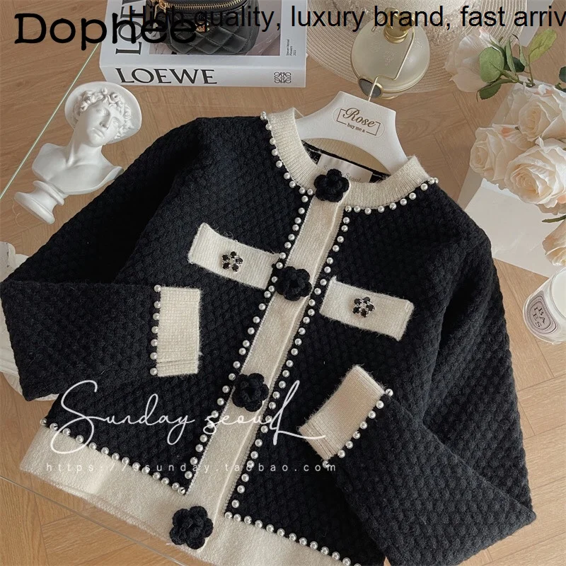 

Beads Heavy Industry Sweet Flowers Short Knitted Cardigan Jacket Women 2023 Autumn New Temperament Long Sleeve Sweater Top Coat