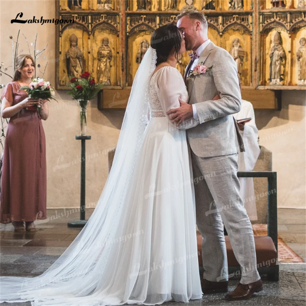 \ Clássico personalizar uma linha vestido de casamento chiffon decote em v com mangas lanterna para ocasiões formais vestidos de noiva novia