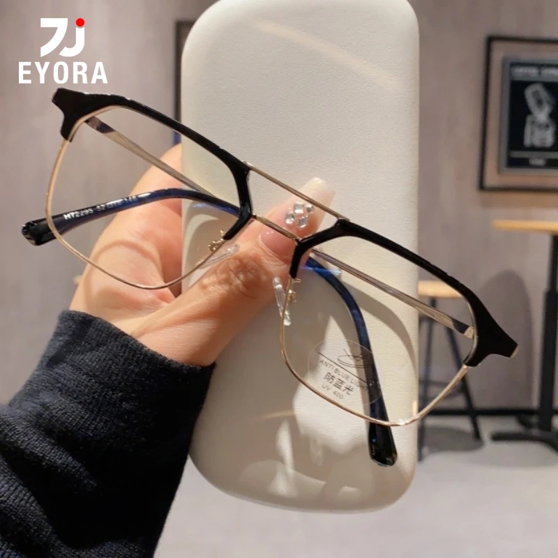 

EYORA Vintage Double-bar Reading Glasses for Men Polygon Anti Blue Light Photochromic Glasses Optical Lenses with Prescription