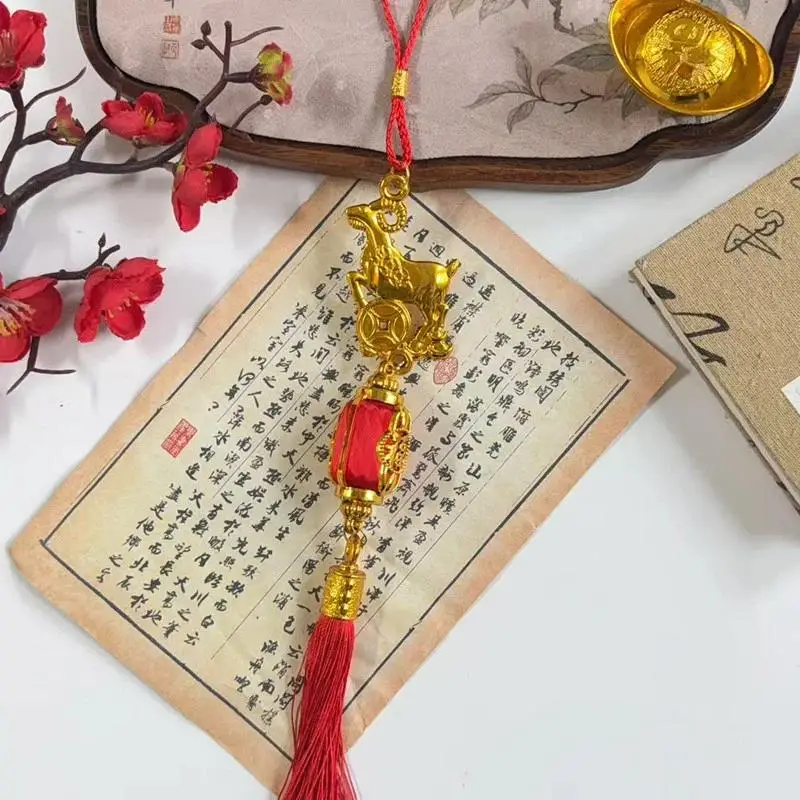New Chinese Lunar New Year Decor Golden Goat Hanging Ornament Red Tassel Pendant For Household And Car Decoration