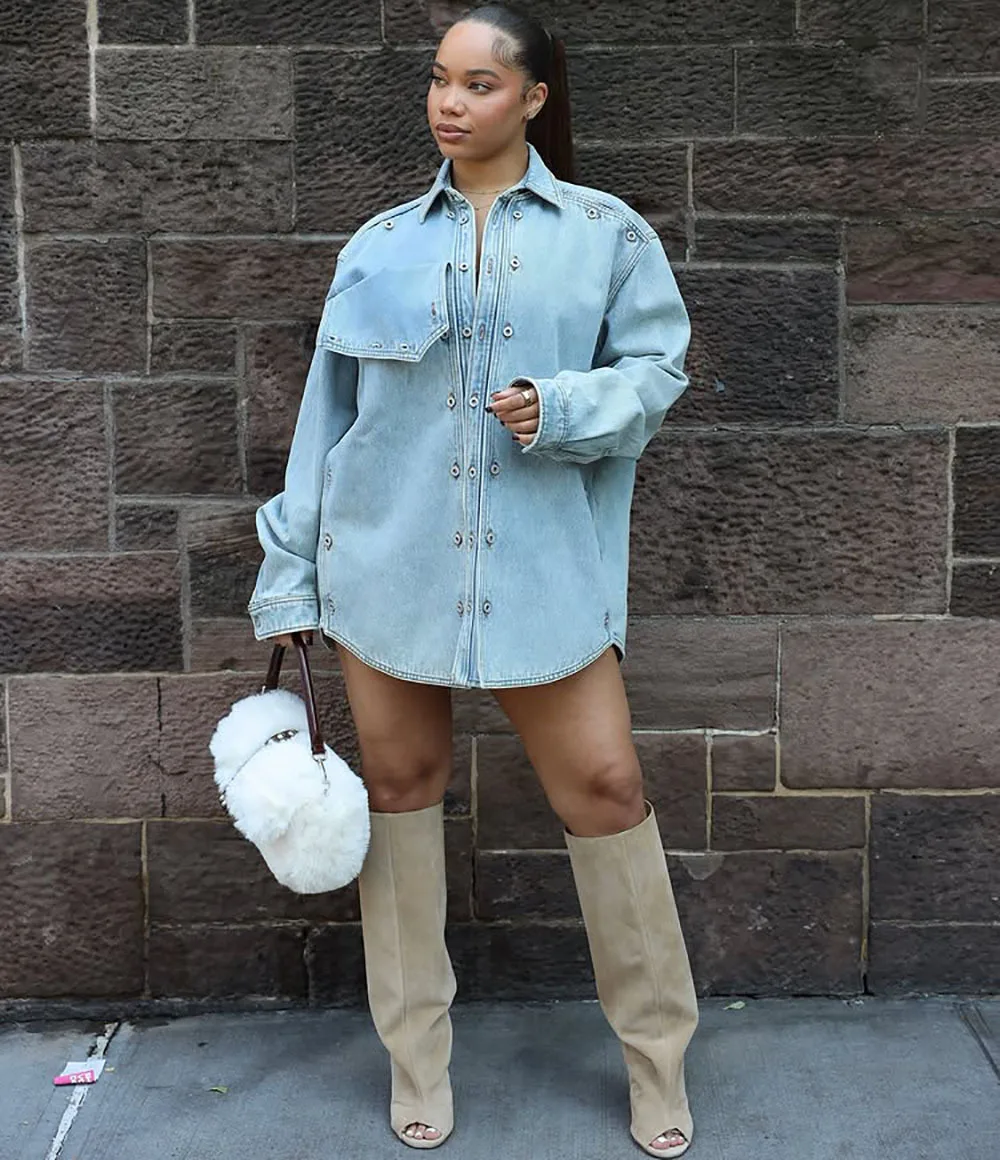 Women'S Coat Autumn Winter Casual Loose Patchwork Button Lapel Long Sleeves Denim Jacket Streetwear Lady Straight Jean Coat