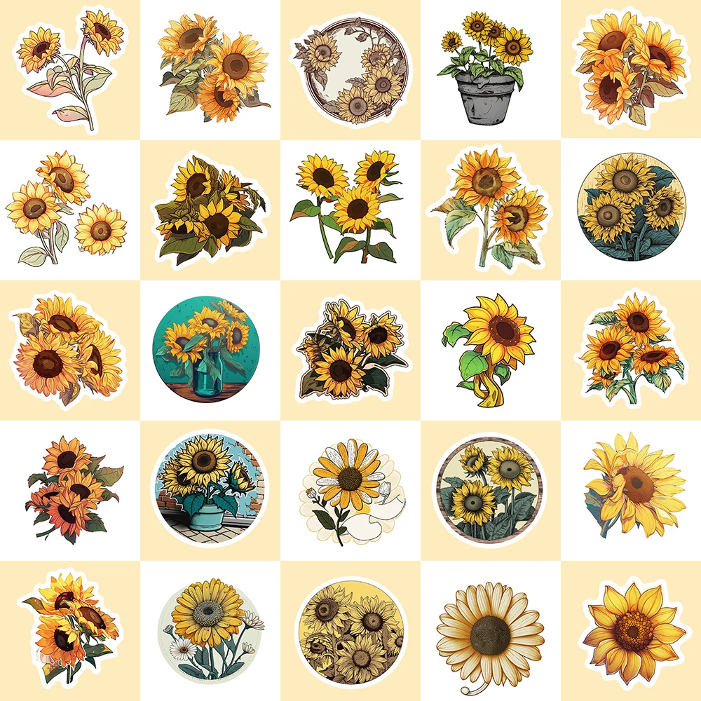 10/30/50pcs Kawaii Art Zonnebloemen Bloemen Stickers Leuke Cartoon Decals DIY Waterfles Laptop Telefoon sticker Decoratie Benodigdheden