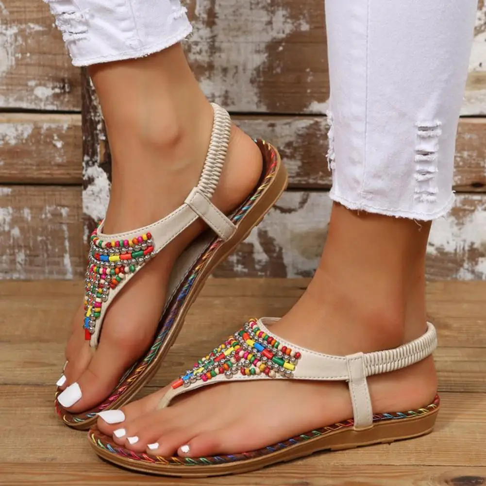 

Retro Bohemian Flat Heels Sandals for Women 2024 summer Rhinestone Beads Clip Toe Sandals Woman Lightweight Beach Flip Flops