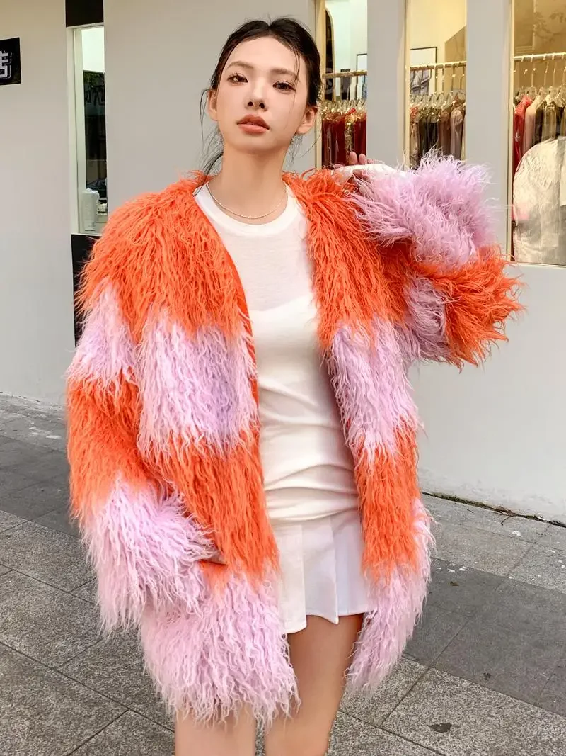 2024 Persimmon Red Splicing Cherry Blossom Pink Faux Fur Top Jacket Plush Loose Autumn And Winter Contrasting Beach Wool Coat