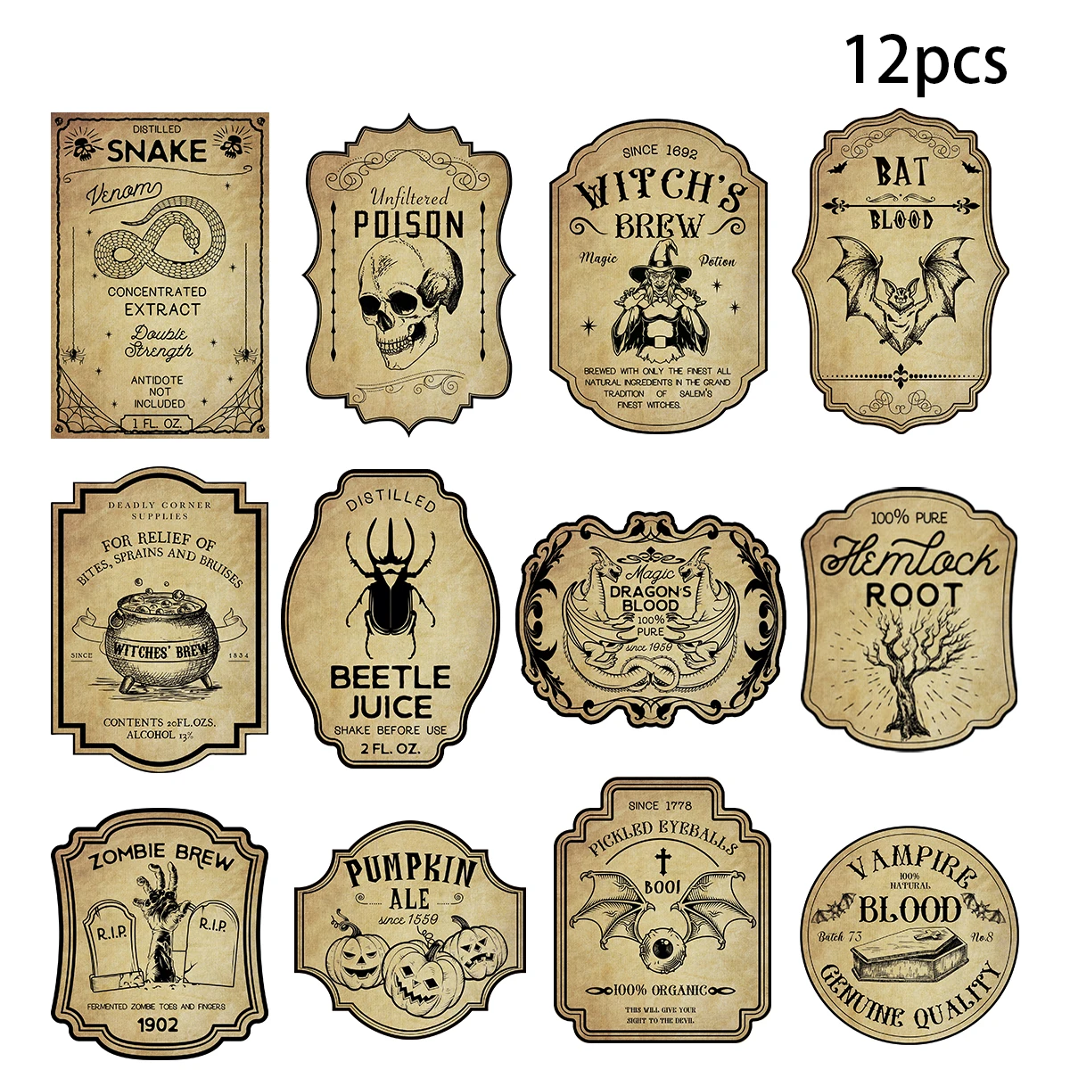 12/24pcs Halloween Retro Wine Bottle Labels Sticker Horror Gothic Vintage Witch Graffiti Potion Decals Halloween Decoration 2024