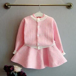 Girls Sets Children's Clothing Suits Autumn Winter New Plaid Korean Fashion Knitted Cardigan Sweater+ Short Skirt Kids Outfits