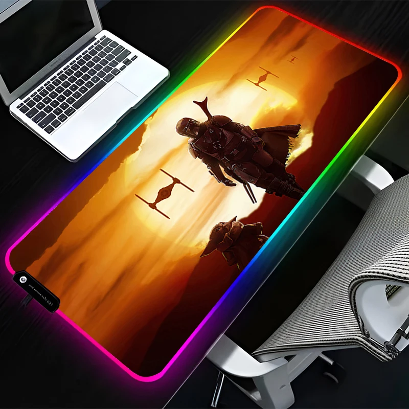 LED Mouse Pad Star Wars The Mandalorian  HD Game RGB Mousepad Computer Keyboard Office Desk Pad Laptop Desktop Accessories XXL