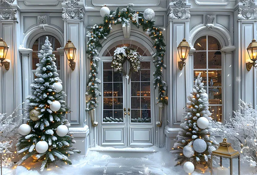 Мехофонд Рождественская передняя дверь детский фон на день рождения зимняя рождественская елка шары венок снежный сад Декор фон для фотосъемки