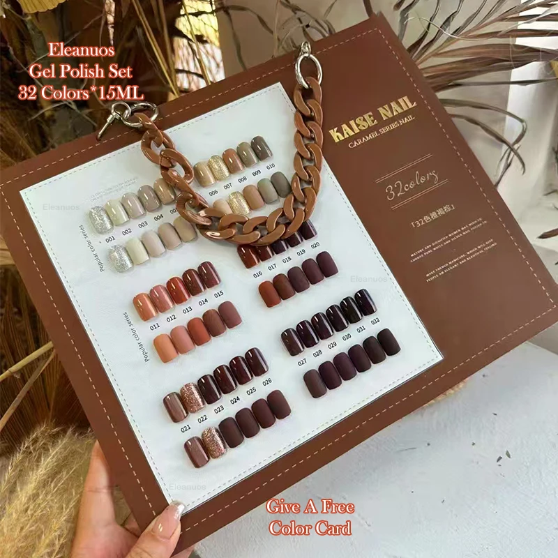 Eleanuos Autumn Brown gel Polishing 32PCS Mixed Clearcoat Dark Brown Semi Permanent UV LED Nail Primer Finish gel Salon Learning