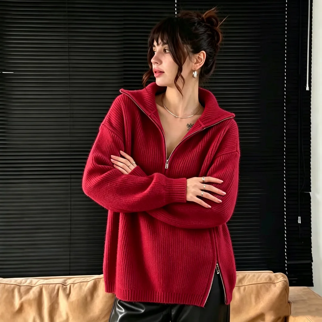Fashion New Red Semi High Neck Long Sleeved Women Pullover Sweater Autumn Winter Zipper Loose High Waist Thick Short Knitted top