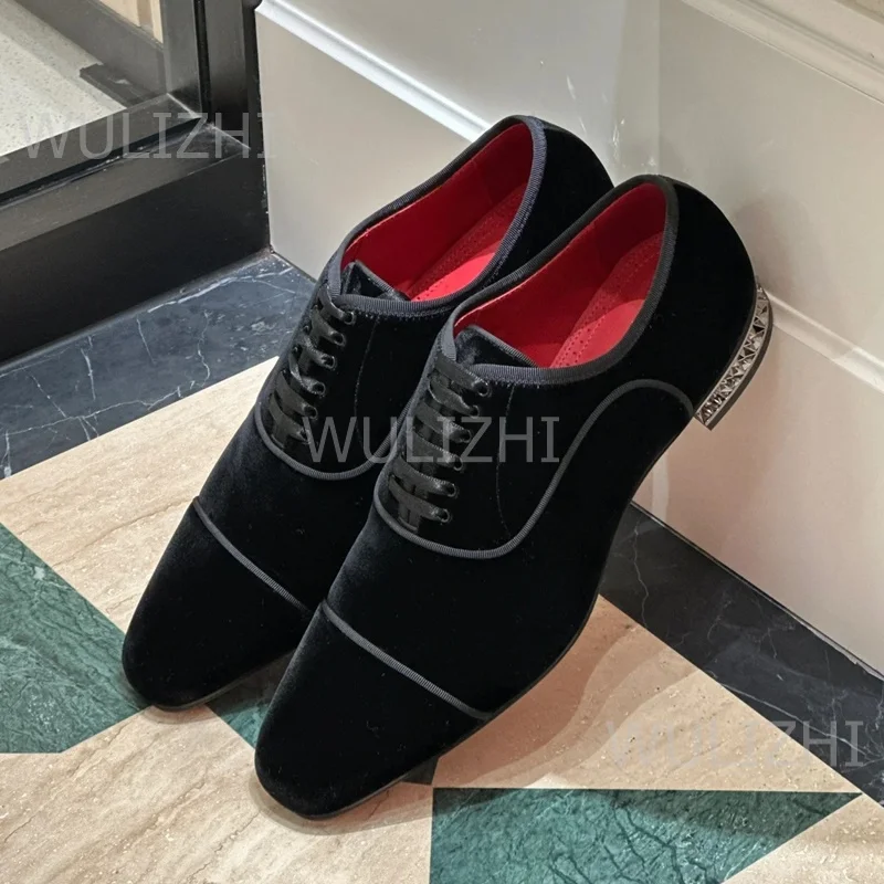 

Black Velvet Luxury Men's Wedding Crystal Back Loafers Lace-Up Flats Square Patchwork Casual Business Mules Party Shoes