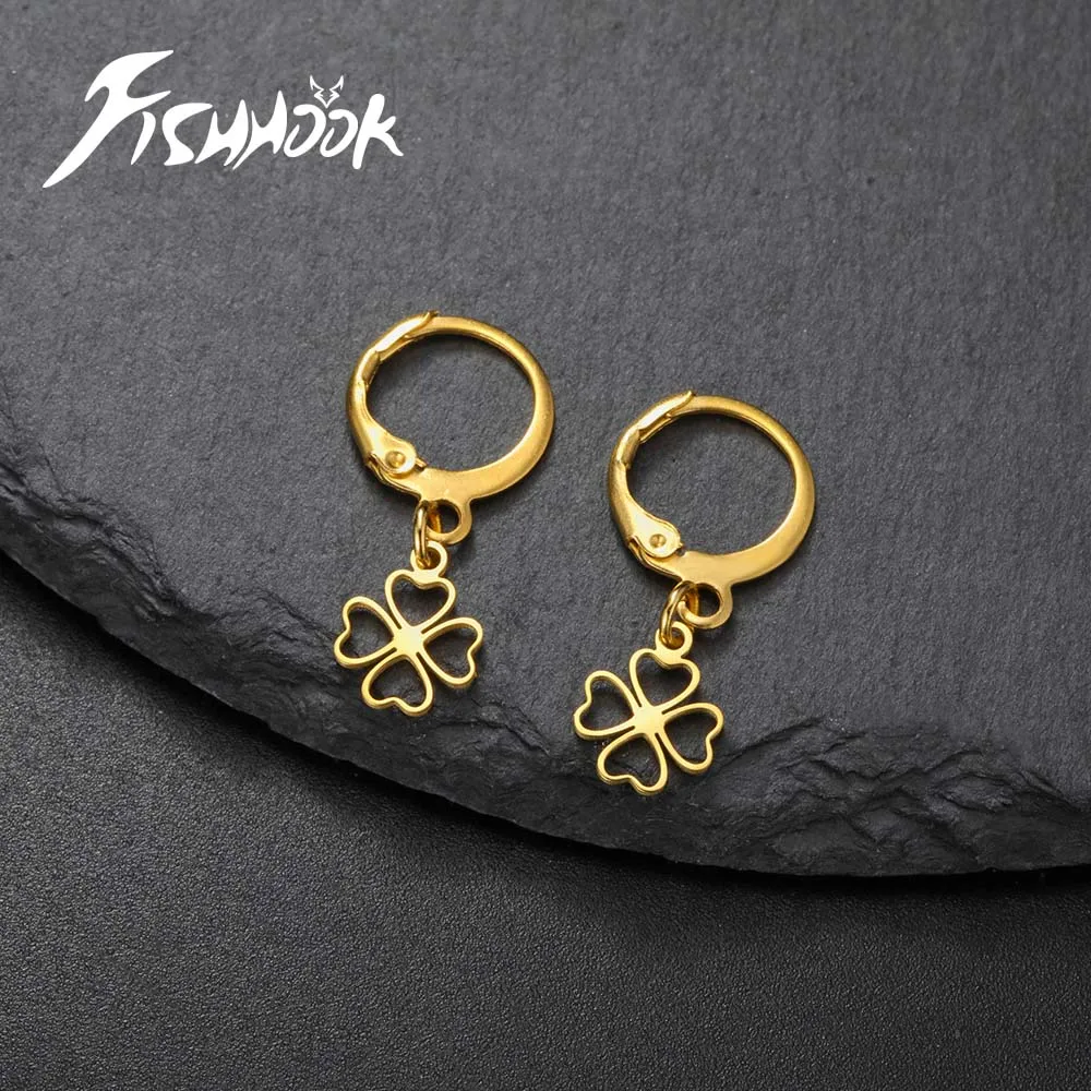 Fishhook Lucky Four Leaf Clover Ear Drop Statement Earring for Women Girl Gift Stainless Steel Small Pendant Gold Color Jewelry