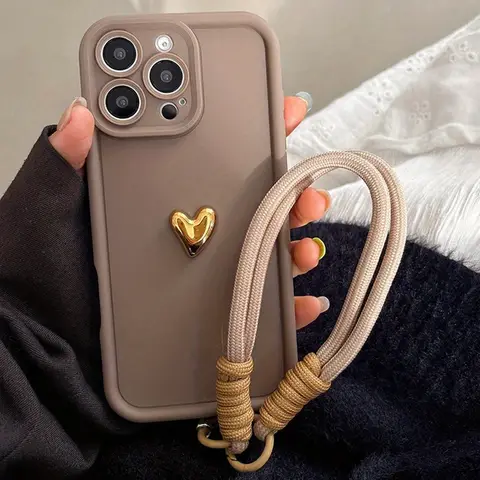 Cute Korean 3D Golden Love Heart Soft Case For iPhone 16 Pro Max 15 14 13 12 11 17 16 E Plus Luxury Wrist Chain Hang Strap Cover